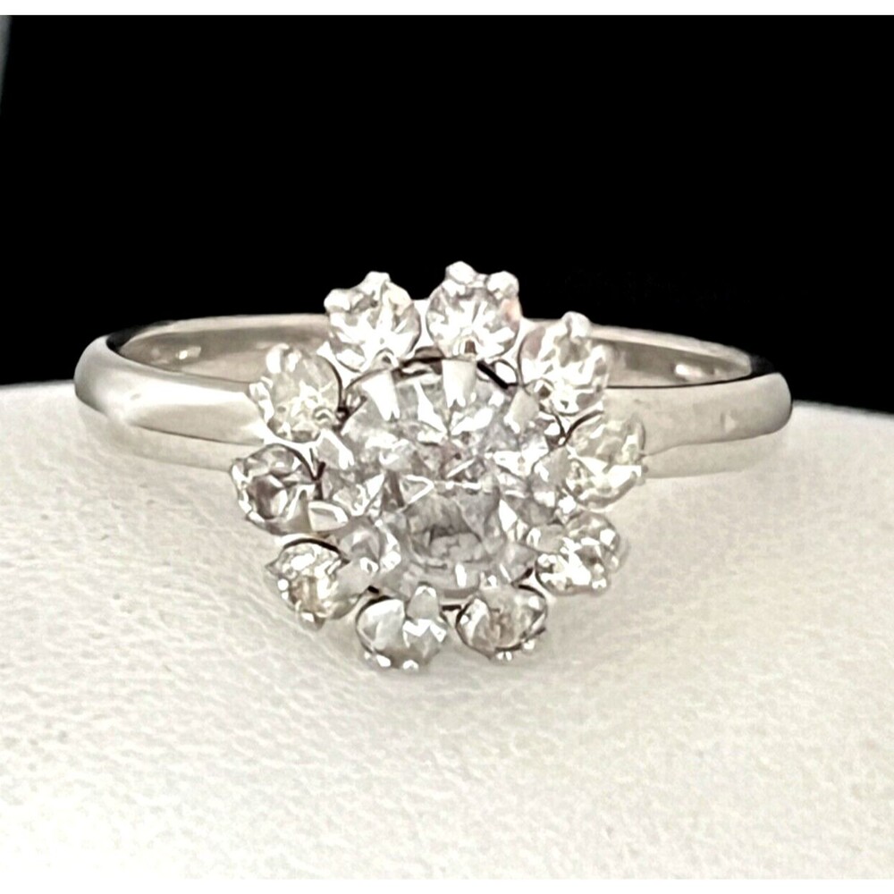 Vintage 1960s Floral Ring Silver Tone Rhinestones Mid Century Modern - 4J